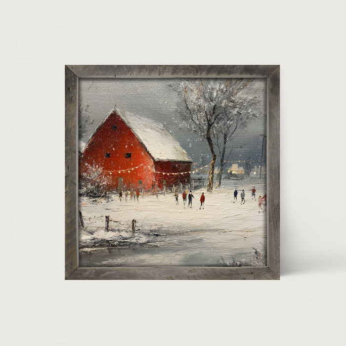 Children Skating at the Red Barn - Framed Art