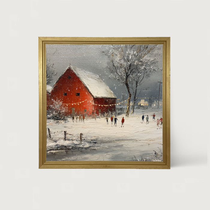 Children Skating at the Red Barn - Framed Art