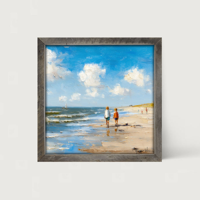 Children walking along the shore