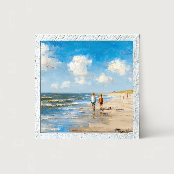Children walking along the shore