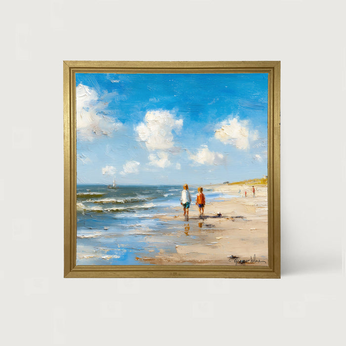 Children walking along the shore