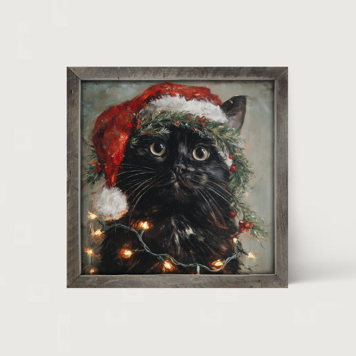 Christmas Lights with Black Cat - Framed art