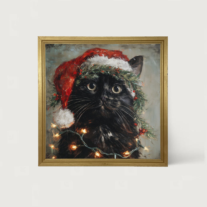 Christmas Lights with Black Cat - Framed art