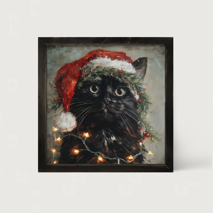 Christmas Lights with Black Cat - Framed art