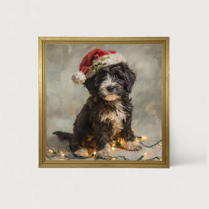 Christmas Lights with Furry Black and White Dog - Framed art