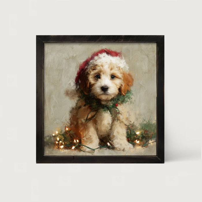 Christmas Lights with Furry Tan Dog - Framed art