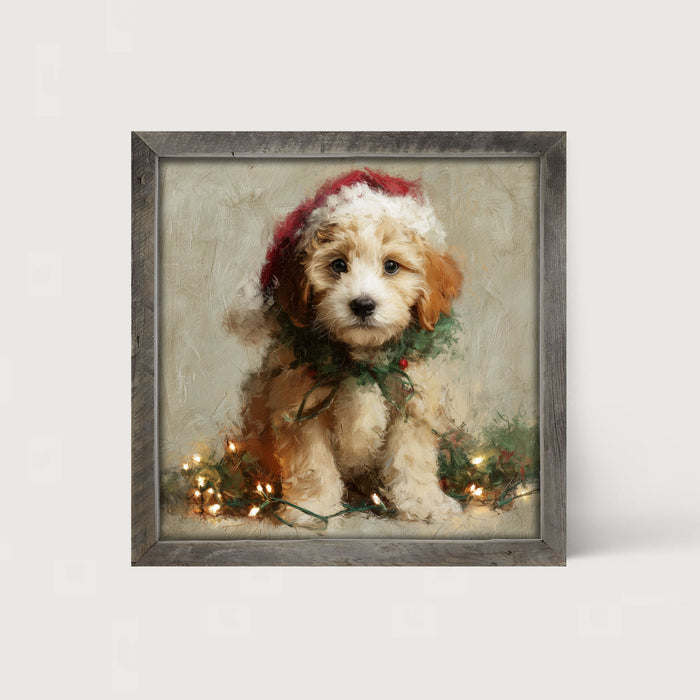 Christmas Lights with Furry Tan Dog - Framed art