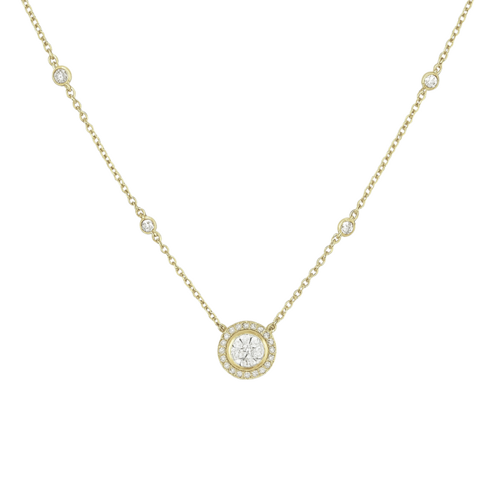 Gold circle dainty CZ necklace on a sterling silver chain with a round pendant, elegantly designed by Private Label Jewelry.