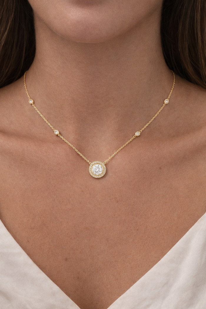 Sterling silver 925 circle dainty necklace with sparkling CZ stones by Private Label Jewelry.