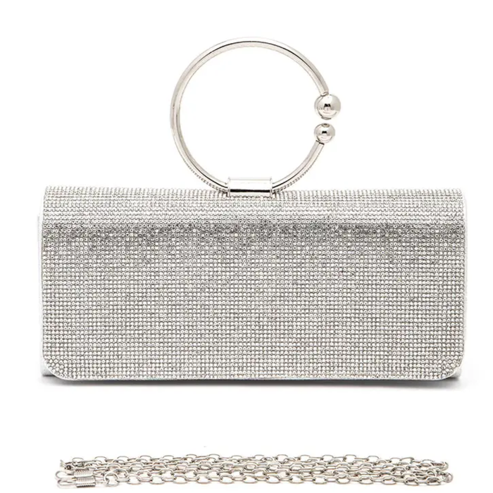 Elegant circle handle rhinestone evening clutch bag with sparkling embellishments, perfect for formal events and special occasions.