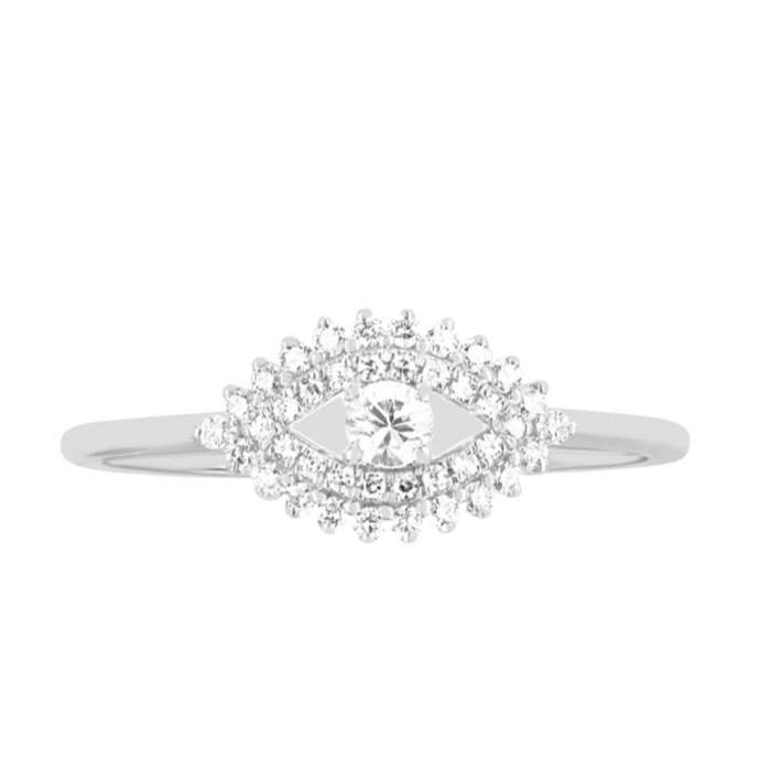 Dainty silver CZ evil eye ring from private label with detailed evil eye design, perfect for stacking or everyday wear.
