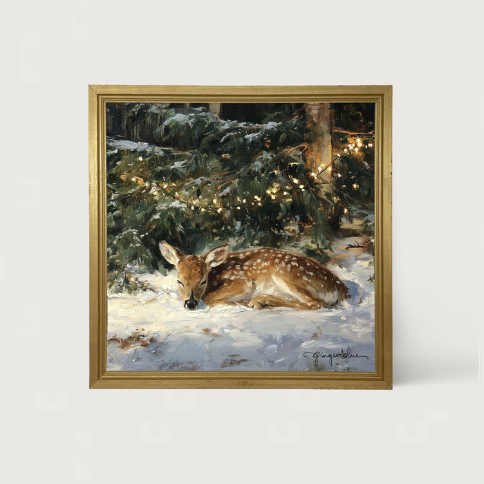 Deer Sleeping under Pine Tree - Framed Art