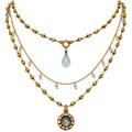Delicate Triple Layered Pendant Drop Necklace on Beaded & Brass Rosary Chains