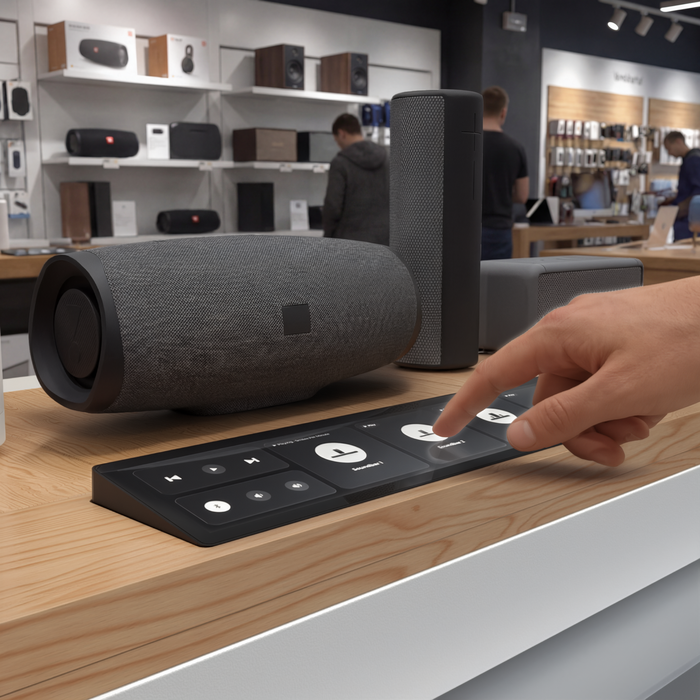 Shopper interacting with Digital Buttons in a store setting demoing speakers