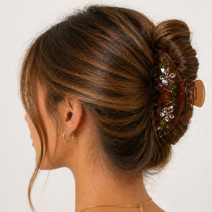 Private label Dolce Cherry Hair Claw clip with cherry design, dark brown color, and easy-to-use hair accessory.
