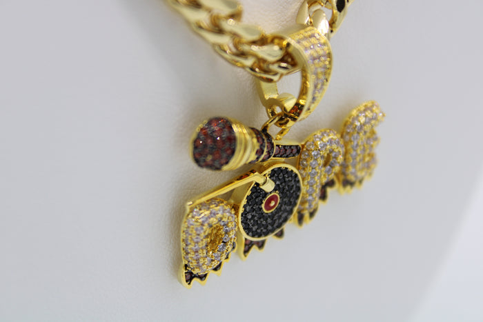 Dope Microphone Turntable Pendant with 28" Necklace (14K Gold Filled)