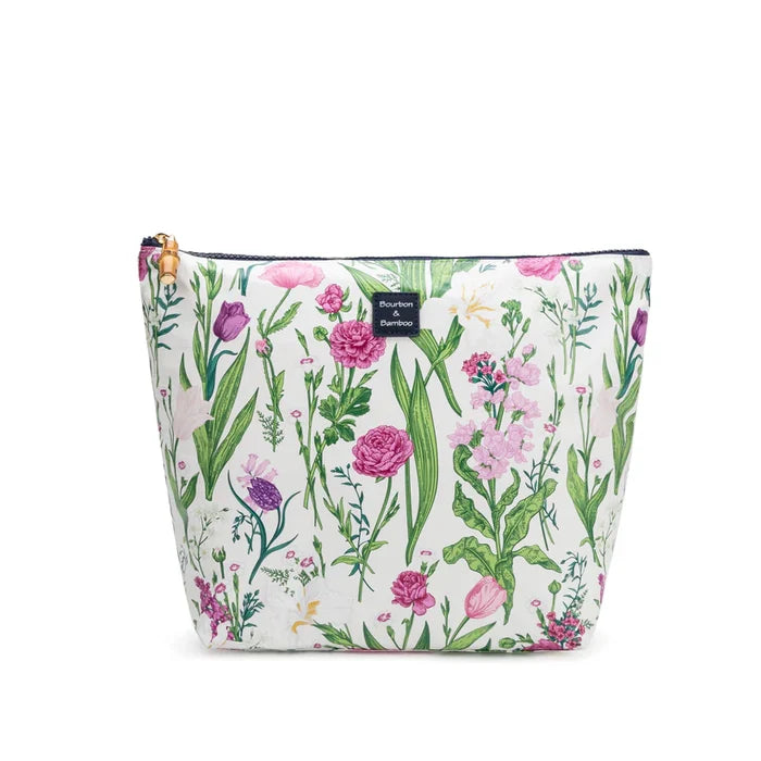 Bourban and Bamboo essentials bag, a stylish pouch in a neutral color with a zipper and spacious interior.