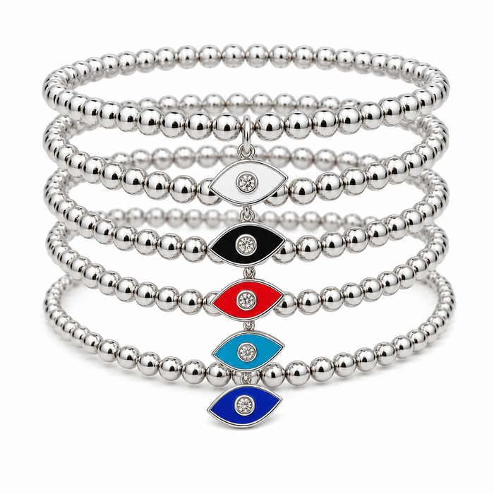 Evil Eye Beaded Stretch Bracelets Set - Silver