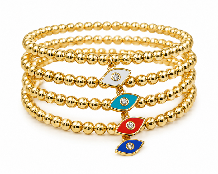 Evil Eye Beaded Stretch Bracelets Set- Gold