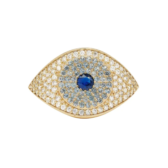 Blue evil eye ring by Melinda Maria featuring a sterling silver band and a blue eye charm for protection and style.