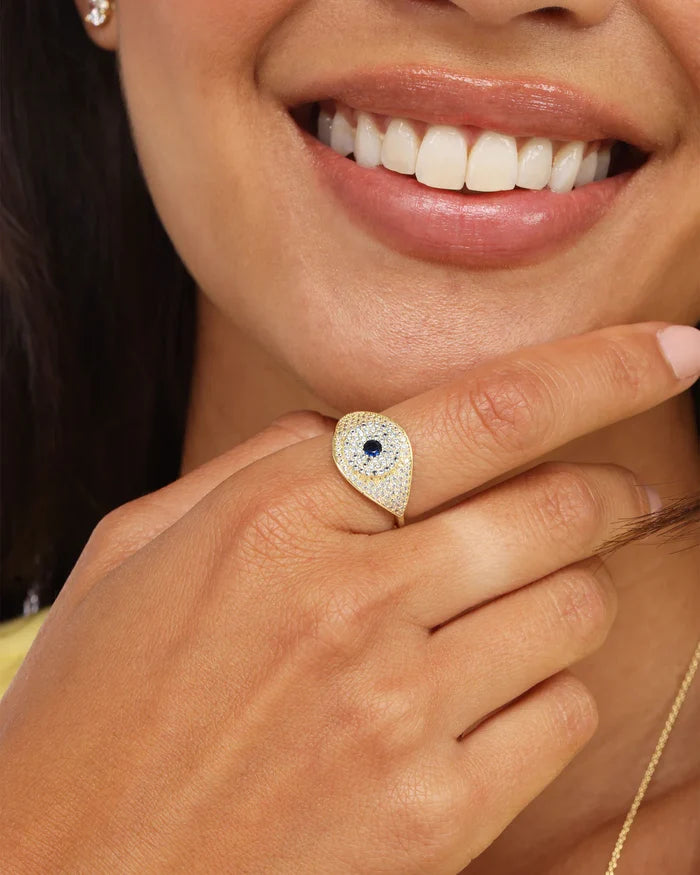Melinda Maria evil eye ring made of silver with blue and white accents, featuring a protective eye design on a sleek band.
