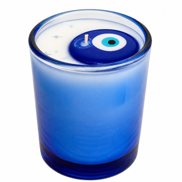 Private label evil eye votive soy candle with intricate blue and white eye design in a glass holder, perfect for decorative lighting.