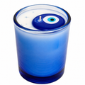 Private label evil eye votive soy candle with intricate blue and white eye design in a glass holder, perfect for decorative lighting.