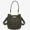 Jen & Co Farrah suede bucket handbag with top handle and inner bag, showcasing its stylish design and soft suede material.