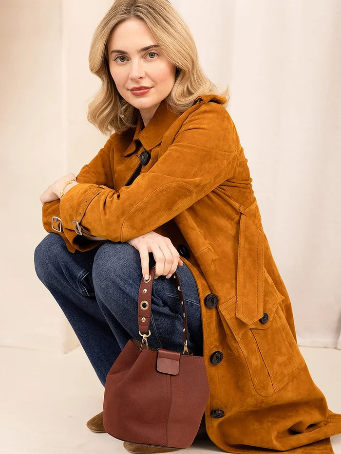 Jen & Co Farrah suede bucket handbag with top handle and inner bag, stylish and versatile for everyday use.