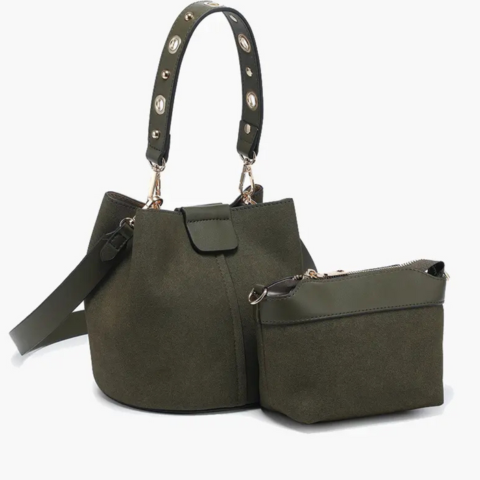 Jen & Co Farrah suede bucket handbag with top handle and inner bag, showcasing its stylish design and soft texture.