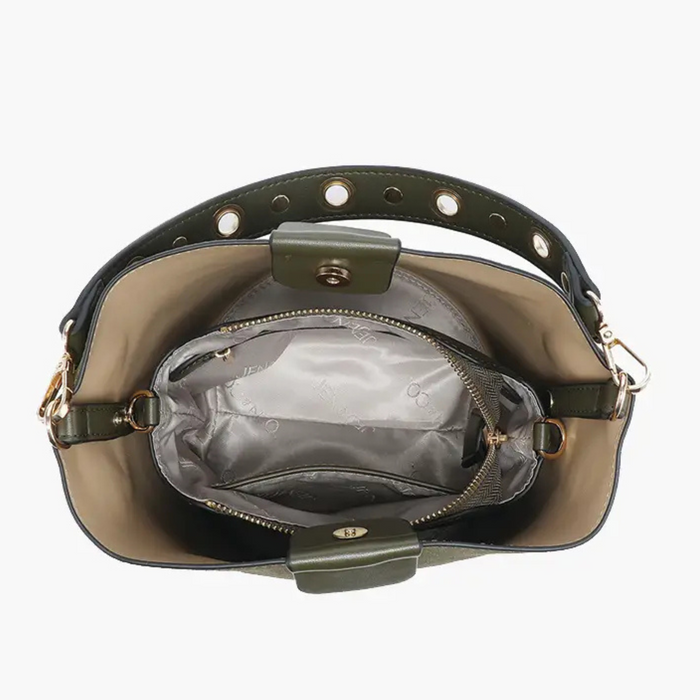Jen & Co Farrah suede bucket handbag with top handle and inner bag, showcasing its stylish design and soft texture.