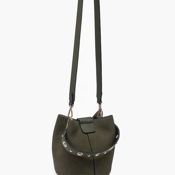 Jen & Co Farrah suede bucket handbag with top handle and inner bag, showcasing a stylish and versatile women's handbag.