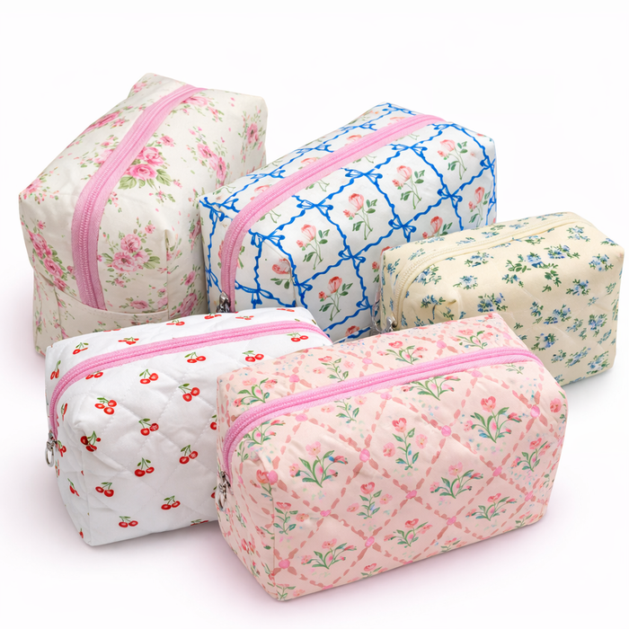 Private label floral toile pattern makeup cosmetic pouch bag with colorful floral design and zip closure.