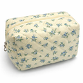 Private label floral toile pattern makeup cosmetic pouch bag with colorful floral design and zipper closure.