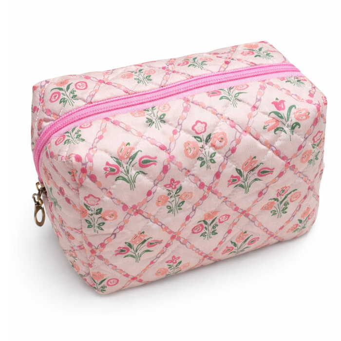 Private label floral toile pattern makeup cosmetic pouch bag with vibrant flower design, perfect for organizing beauty essentials.