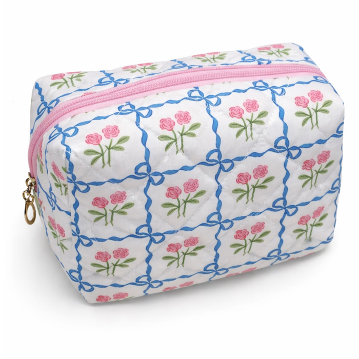 Private label floral toile pattern makeup cosmetic pouch bag with colorful flower designs and zipper closure.