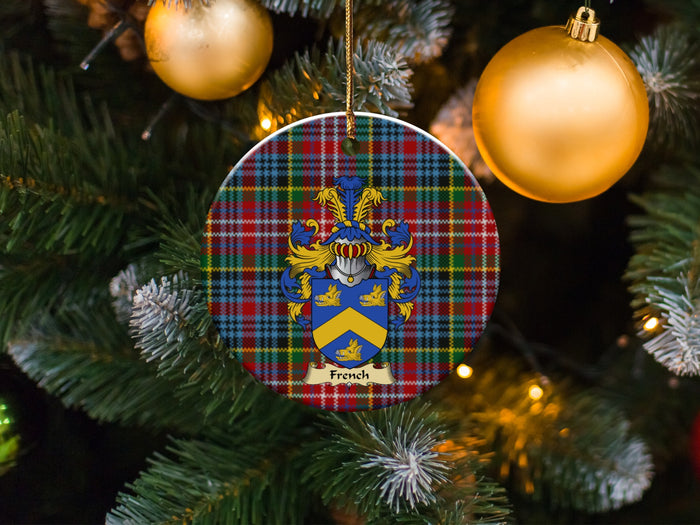 French family emblem ceramic Christmas ornament with Caledonia tartan background in festive holiday décor