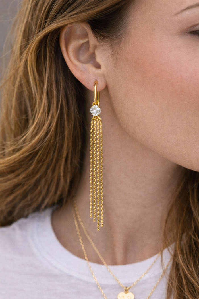 Sterling silver fringe shimmer evening earring with dangling design, crafted by private label brand.