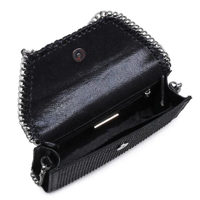 Urban Expressions Gloria Crossbody handbag showing its sleek black leather design with adjustable strap and gold-tone hardware.