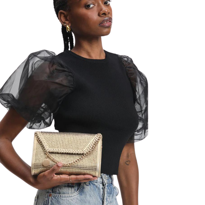 Urban Expressions Gloria crossbody handbag with adjustable strap and sleek design, shown in a stylish black finish.