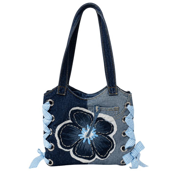 Hand-made two-toned floral denim bag by Gianna Valente x Lets Bag It, featuring a stylish floral design and sturdy denim material.