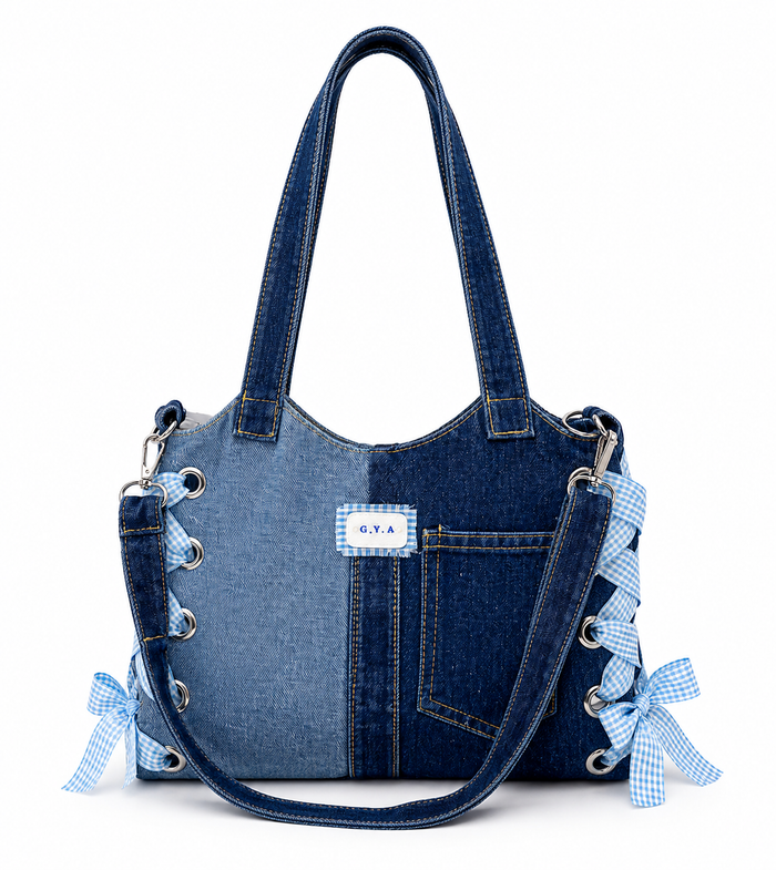Hand-made two-toned floral denim bag by Gianna Valente x Lets Bag It, featuring vibrant floral patterns and sturdy denim material.