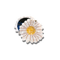 A daisy flower-shaped brooch with white textured petals, a yellow center, and brown radiating lines, shown on a plain white background.
