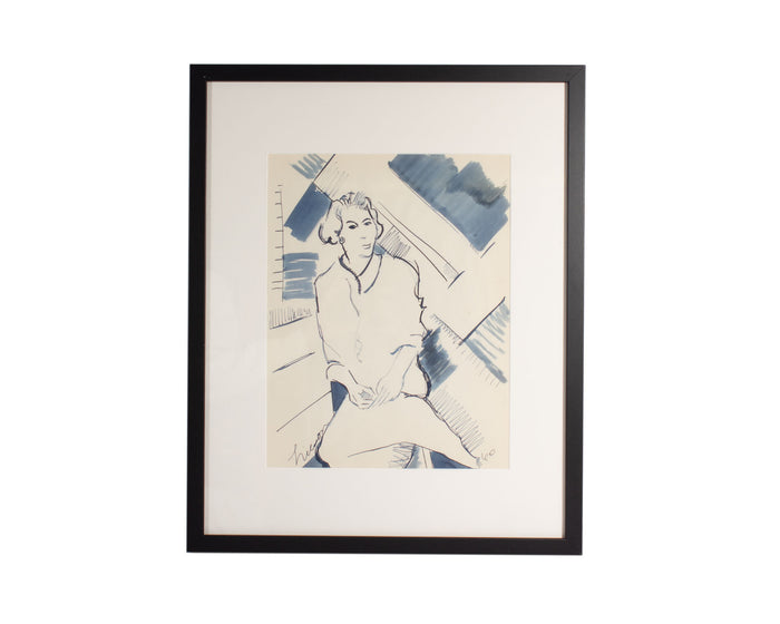 Harry Hilson Signed 1960 Ink Portrait Drawing of a Woman