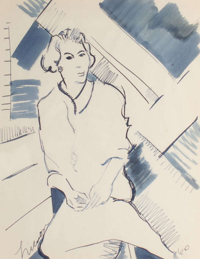 Harry Hilson Signed 1960 Ink Portrait Drawing of a Woman