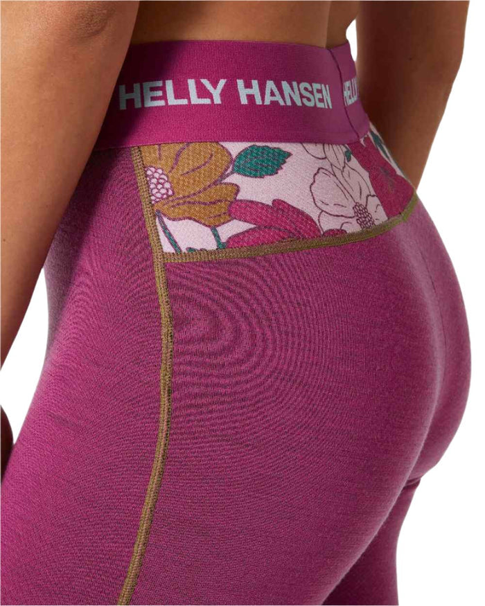 Magenta 2 Floral Aop Coloured Helly Hansen Womens Lifa Merino Midweight Graphic Base Layer Pants on white background #colour_magenta-2-floral-aop