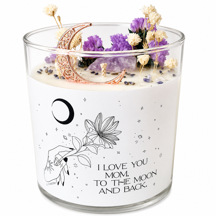 Private label "I Love You Mom To the Moon" candle with a decorative jar, featuring a heartfelt message and warm candlelight.