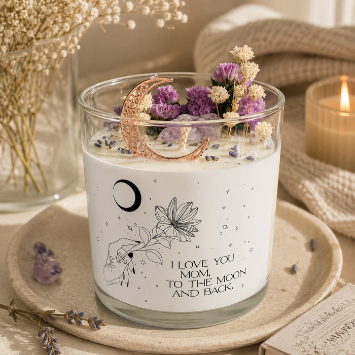 Private label "I Love You Mom To the Moon" candle with a decorative design, perfect for gifting to moms.