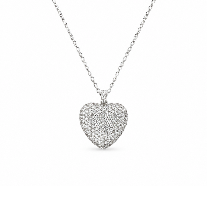Iced CZ Puffy Heart Necklace - 925 Sterling