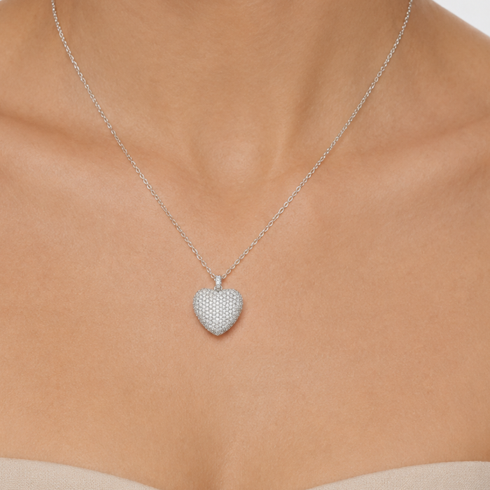 Iced CZ Puffy Heart Necklace - 925 Sterling